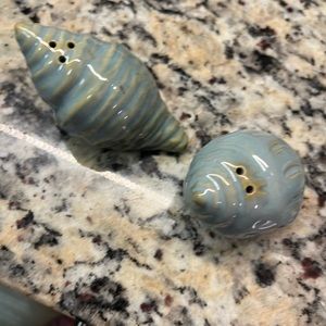 Blue sea shells, salt, and pepper shakers